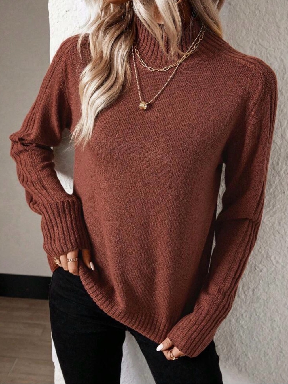 SHEIN Brown Mock Neck Rib Sleeve Sweater